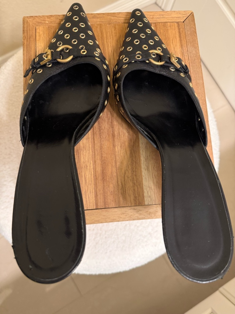 Gucci Black Leather Kitten Heel Mules with Gold Grommet Detail - Picture 12 of 16